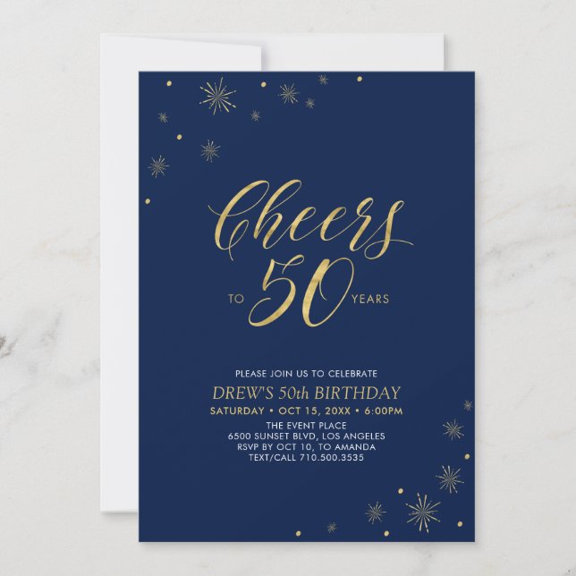 Cheers to 50 | Gold & Navy 50th Birthday Party Invitation (Front)