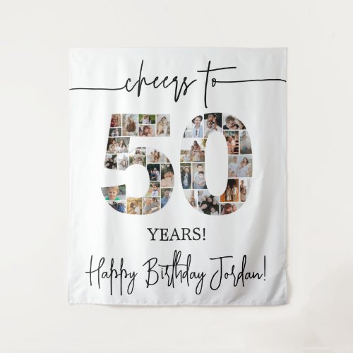 Cheers to 50 Photo Collage Welcome Sign Tapestry