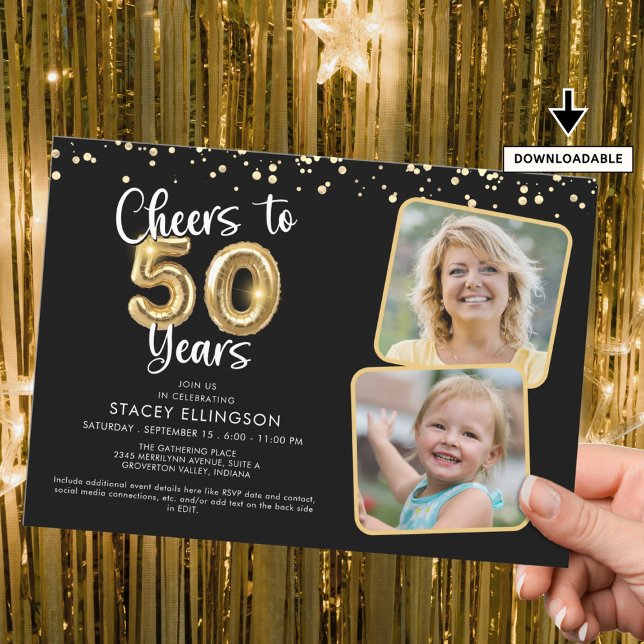 Cheers to 50 Years2 Photos Script Balloon Confetti Invitation (Creator Uploaded)