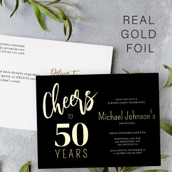 Cheers To 50 Years 50th Birthday Party Elegant Foil Invitation Postcard by invitations_kits at Zazzle