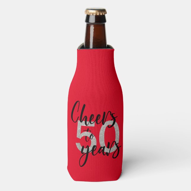 Cheers to 50 Years 50th Birthday Silver Glitter Bottle Cooler (Bottle Front)