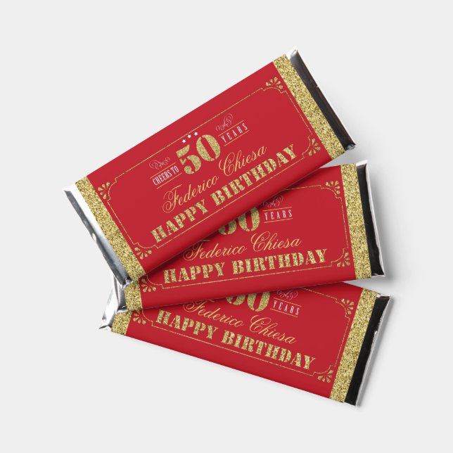 Cheers To 50 Years 50th Man Birthday Red & Gold Hershey Bar Favors (Front)