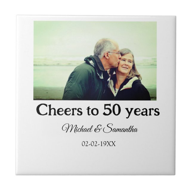 cheers to 50 years anniversary add name photo date ceramic tile (Front)