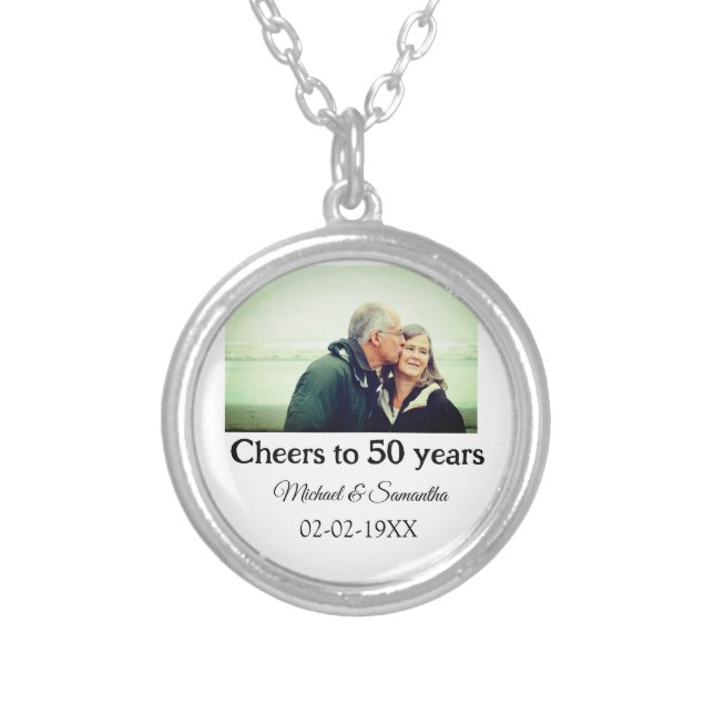 cheers to 50 years anniversary add name photo date silver plated necklace (Front)