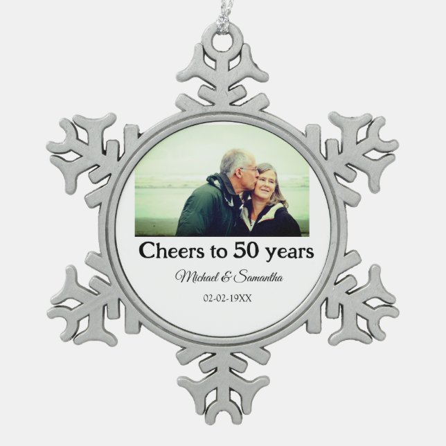cheers to 50 years anniversary add name photo date snowflake pewter christmas ornament (Front)