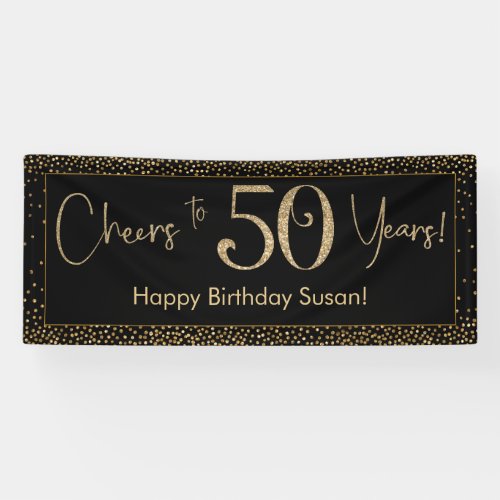 Cheers to 50 Years Birthday Black w Gold Confetti Banner