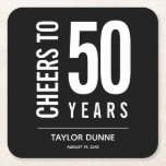 Cheers to 50 Years Birthday Celebration Square Paper Coaster<br><div class="desc">Birthday party coasters are personalized with the birthday years,  honoree's name and party date in white on a black background,  or any color you choose. Ideal for any birthday year celebration,  retirement party,  anniversary celebration,  party keepsake or any occasion. MORE colors and MATCHING items in our collection.</div>