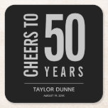 Cheers to 50 Years Birthday Celebration Square Paper Coaster<br><div class="desc">Birthday party coasters are personalized with the birthday years,  honoree's name and party date in silver gray on a black background,  or any color you choose. Ideal for any birthday year celebration,  retirement party,  anniversary celebration,  party keepsake or any occasion. MORE colors in our collection.</div>