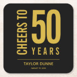 Cheers to 50 Years Birthday Celebration Square Paper Coaster<br><div class="desc">Birthday party coasters are personalized with the birthday years,  honoree's name and party date in gold on a black background,  or any color you choose. Ideal for any birthday year celebration,  retirement party,  anniversary celebration,  party keepsake or any occasion. MORE colors in our collection.</div>