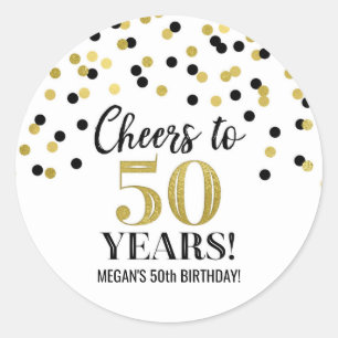 Cheers to 50 Years Birthday Gold Black Confetti Classic Round Sticker