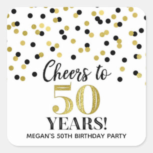 Cheers to 50 Years Birthday Gold Black Confetti Square Sticker