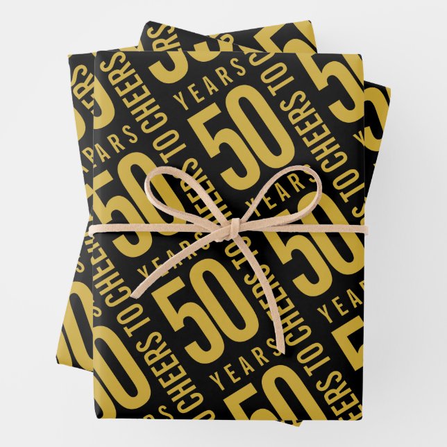 Cheers to 50 Years Birthday Gold Black Wrapping Paper Sheets (In situ)