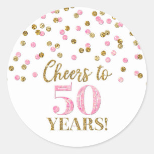 Cheers to 50 Years Birthday Gold Pink Confetti Classic Round Sticker