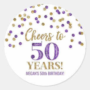 Cheers to 50 Years Birthday Gold Purple Confetti Classic Round Sticker