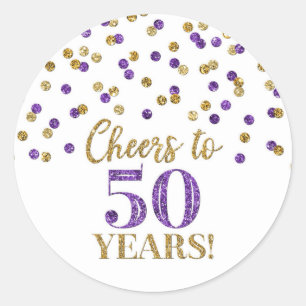 Cheers to 50 Years Birthday Gold Purple Confetti Classic Round Sticker