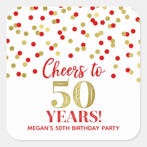 Cheers to 50 Years Birthday Gold Red Confetti Square Sticker