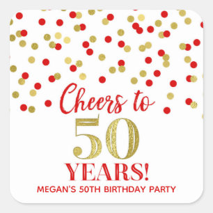 Cheers to 50 Years Birthday Gold Red Confetti Square Sticker