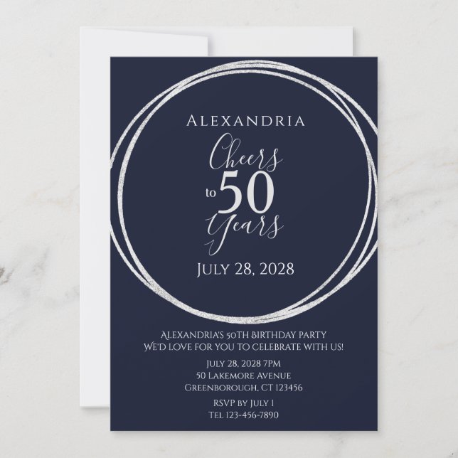 Cheers to 50 years birthday party navy silver invitation (Front)
