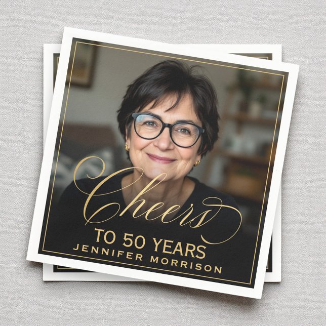 Cheers to 50 Years Birthday Photo Gold Black Napkins (Creator Uploaded)