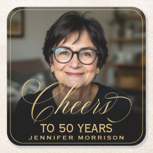 Cheers to 50 Years Birthday Photo Gold Black Square Paper Coaster