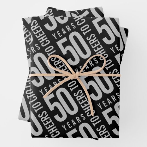Cheers to 50 Years Birthday Silver Black Wrapping Paper Sheets