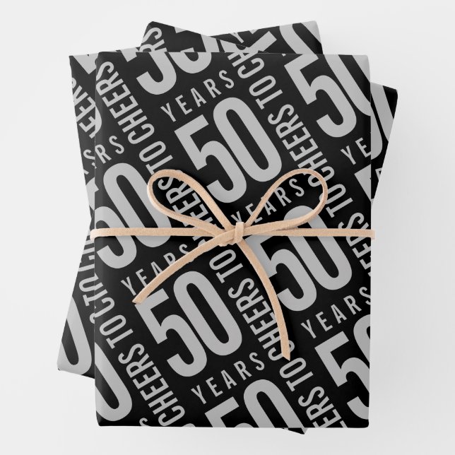 Cheers to 50 Years Birthday Silver Black Wrapping Paper Sheets (In situ)