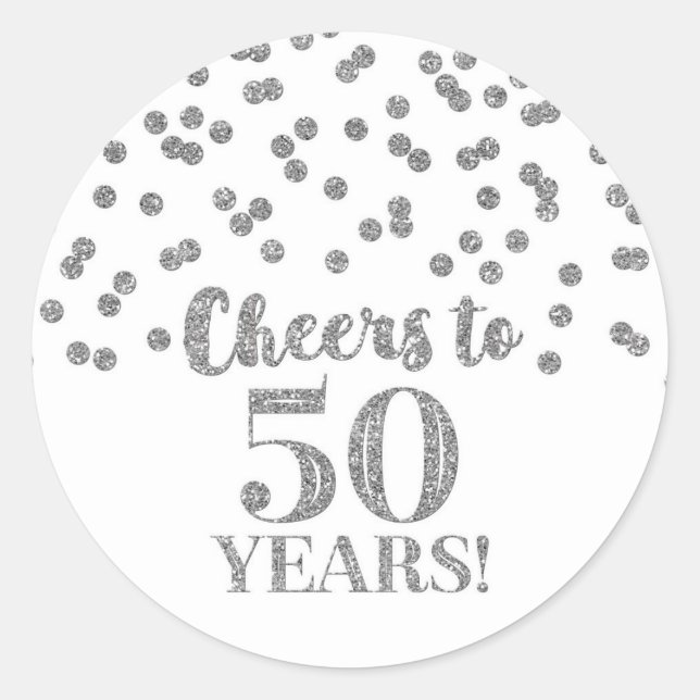 Cheers to 50 Years Birthday Silver Confetti Classic Round Sticker (Front)