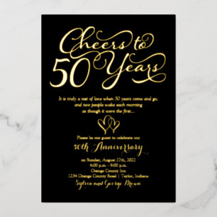 Cheers to 50 Years Black 50th Wedding Anniversary Foil Invitation
