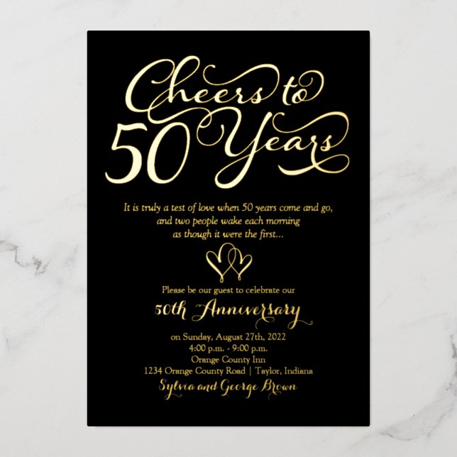 Cheers to 50 Years Black 50th Wedding Anniversary Foil Invitation (Front)