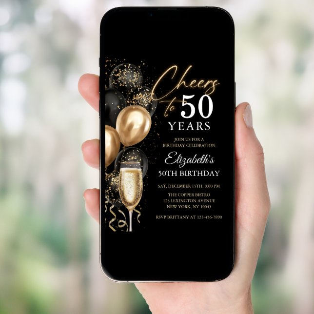  Cheers To 50 Years Black and Gold Balloons Invitation (Front Digital)