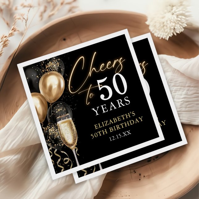 Cheers To 50 Years Black and Gold Balloons Napkins (Creator Uploaded)