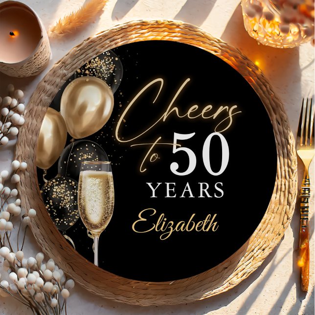 Cheers To 50 Years Black and Gold Balloons Paper Plates (Creator Uploaded)