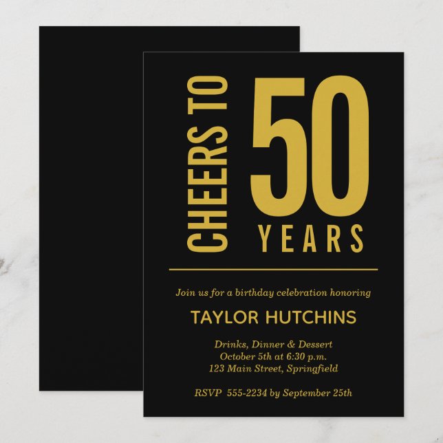 Cheers to 50 Years Black and Gold Birthday Invitation (Front/Back)