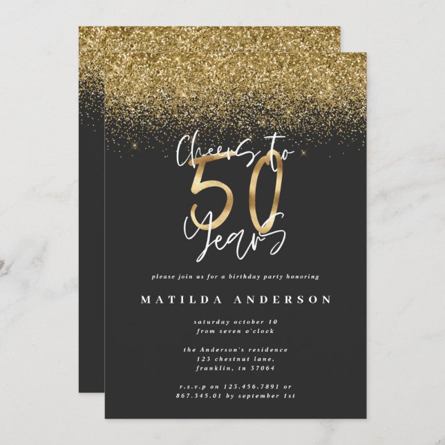 Cheers to 50 years black and gold glitter modern (Front/Back)
