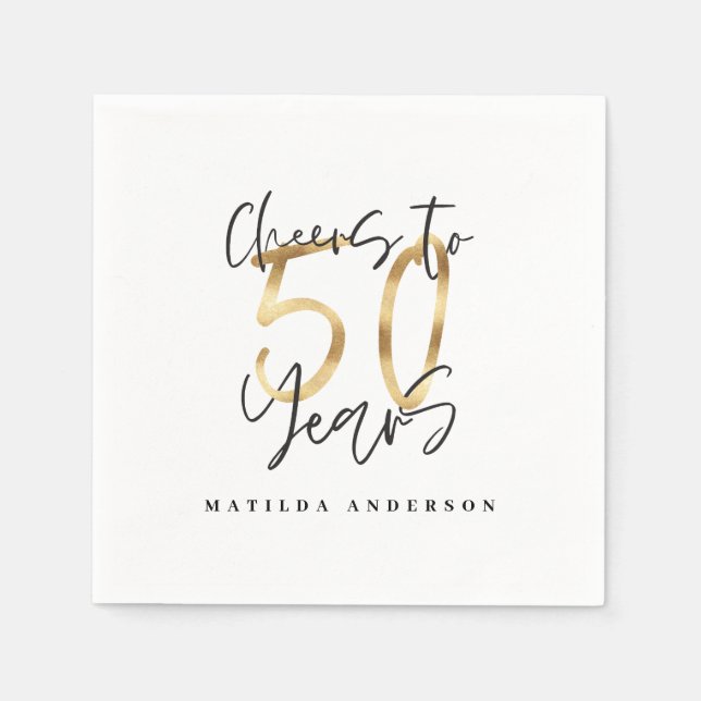 Cheers to 50 years black and gold modern stylish napkins (Front)