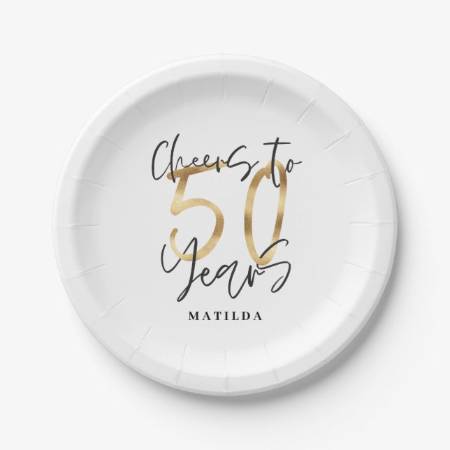Cheers to 50 years black and gold modern stylish paper plates (Front)