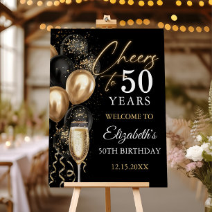 Cheers To 50 Years Black and Gold Welcome Sign