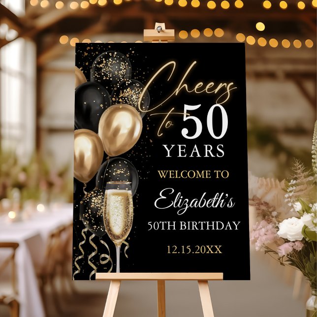 Cheers To 50 Years Black and Gold Welcome Sign (Creator Uploaded)
