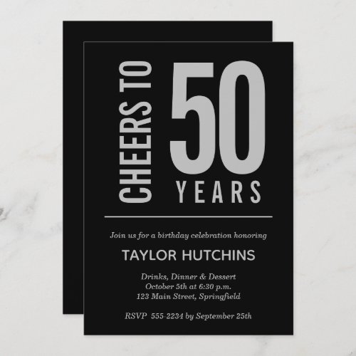 Cheers to 50 Years Black and Silver Birthday Invitation