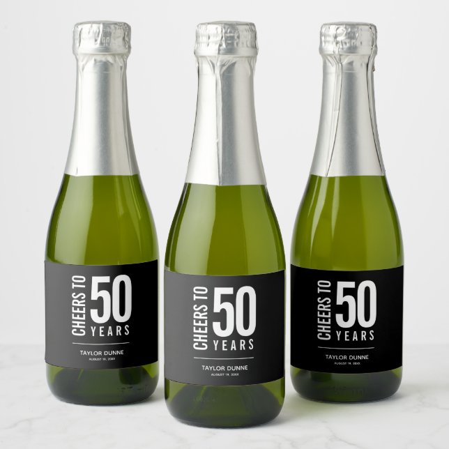 Cheers to 50 Years Black and White Sparkling Wine Label (Bottles)