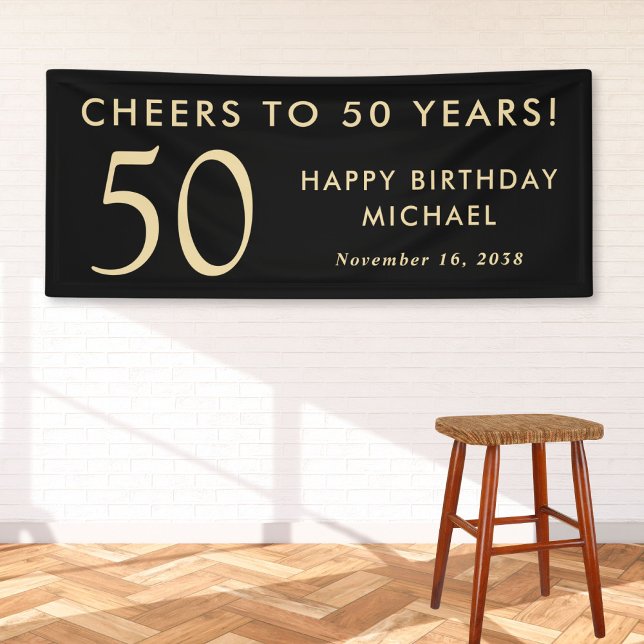 Cheers To 50 Years Black Gold 50th Birthday Party Banner (Creator Uploaded)