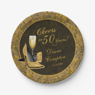 Cheers to 50 Years Black Gold Birthday Paper Plates
