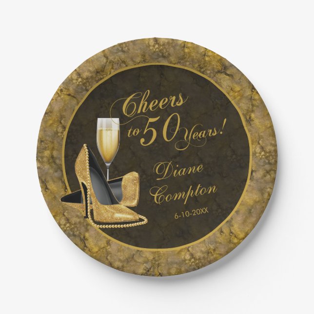 Cheers to 50 Years Black Gold Birthday Paper Plates (Front)
