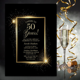 Cheers to 50 Years Black Gold Birthday Party Invitation