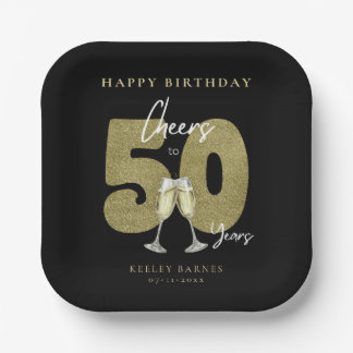 Cheers To 50 Years Black Gold Birthday Party Paper Plates