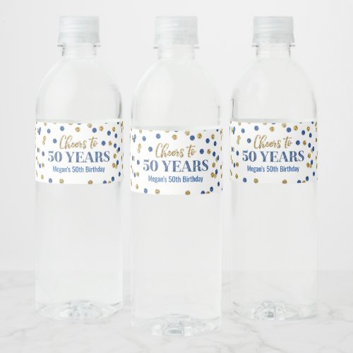 Cheers to 50 Years Blue Gold Confetti Birthday Water Bottle Label