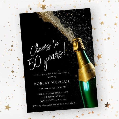 Cheers to 50 Years Champagne Bottle Birthday Invitation