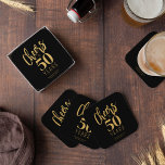Cheers to 50 years custom birthday party favor square paper coaster<br><div class="desc">Modern gold bold typography script cheers to 50 years birthday party text personalized black drink coasters. Any age milestone birthday party supplies and thank you favors.</div>
