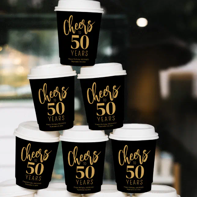 Cheers to 50 years custom gold black birthday paper cups | Zazzle