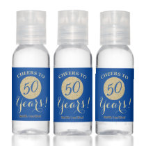Cheers to 50 Years Deep Blue and Gold Glitter Hand Sanitizer